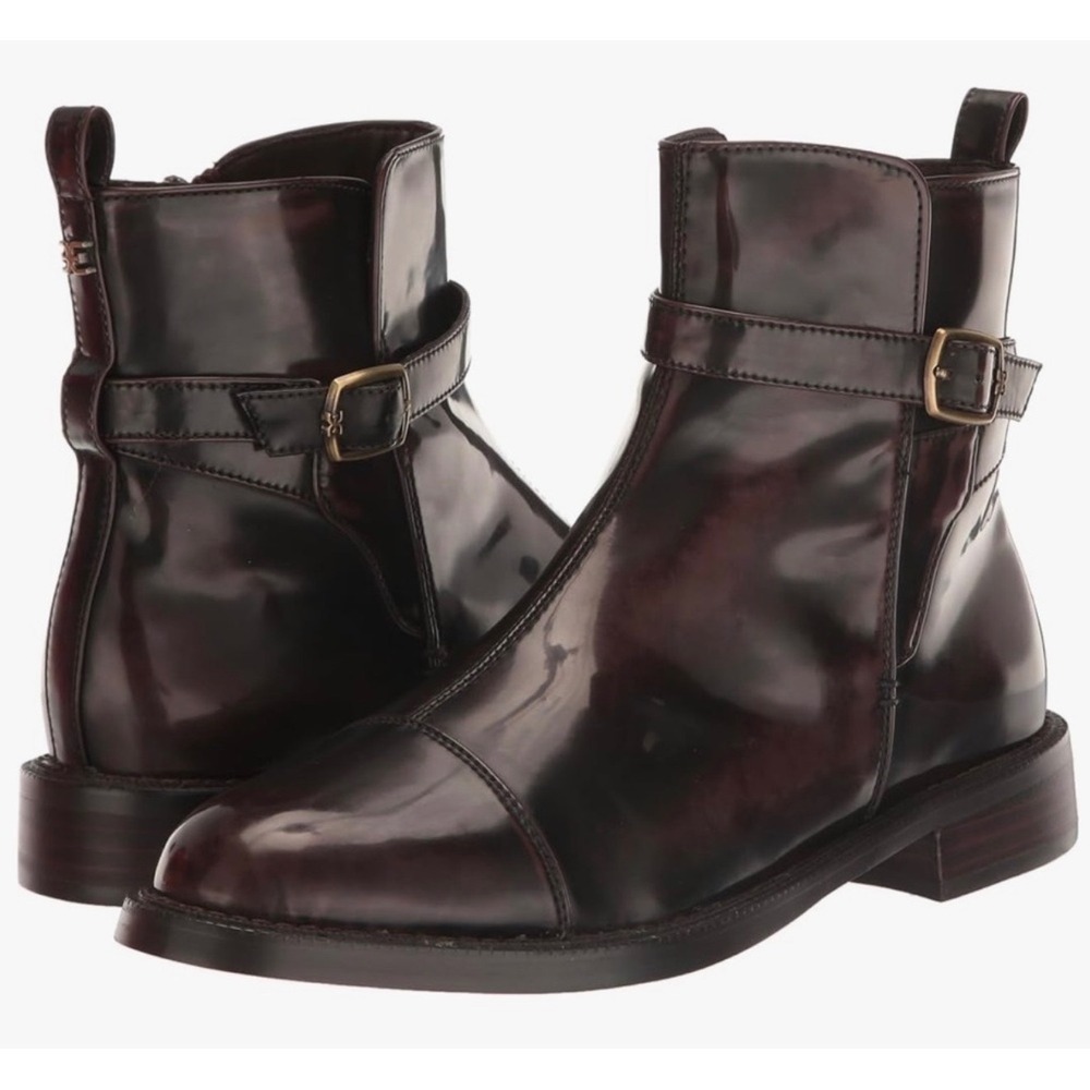Sam Edelman Nolynn Brown Patent Leather Cap Toe Boots Size 8.5